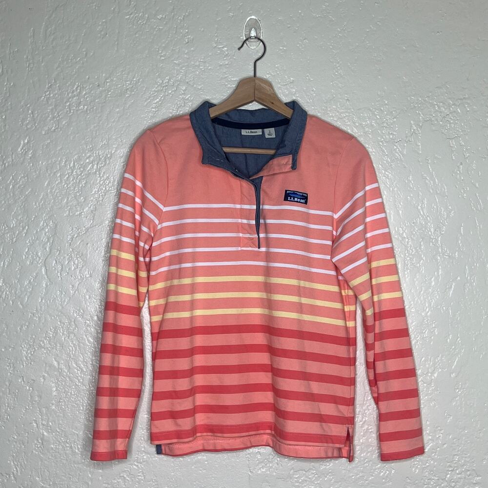 LL Bean Coral White Striped Rugby Henley Shirt Long Sleeve Womens Small